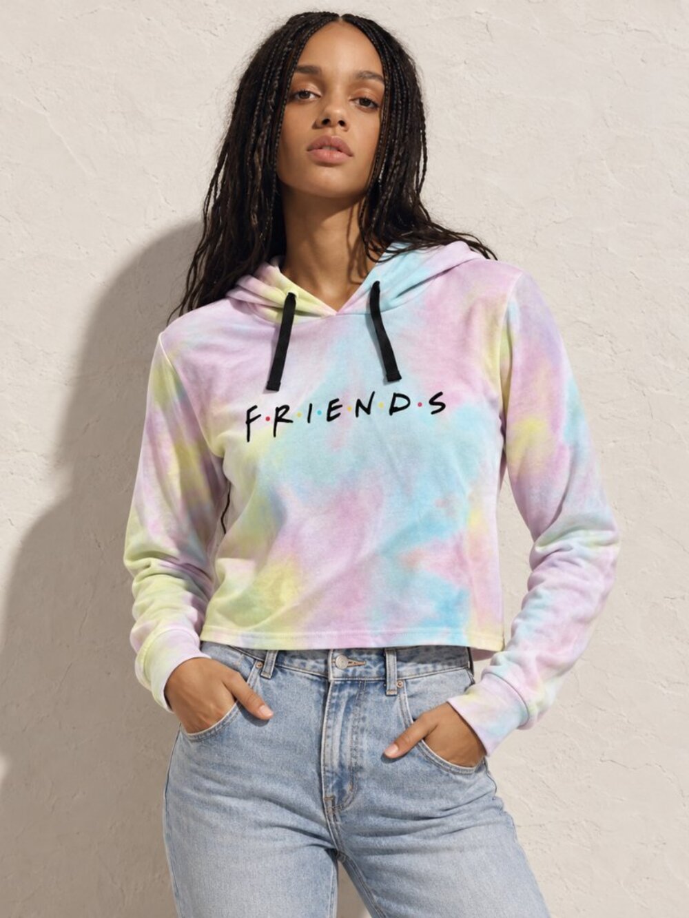 FRIENDS Pastel Tie-Dye Cropped Hoodie – Pink Blue Yellow -Size Small
